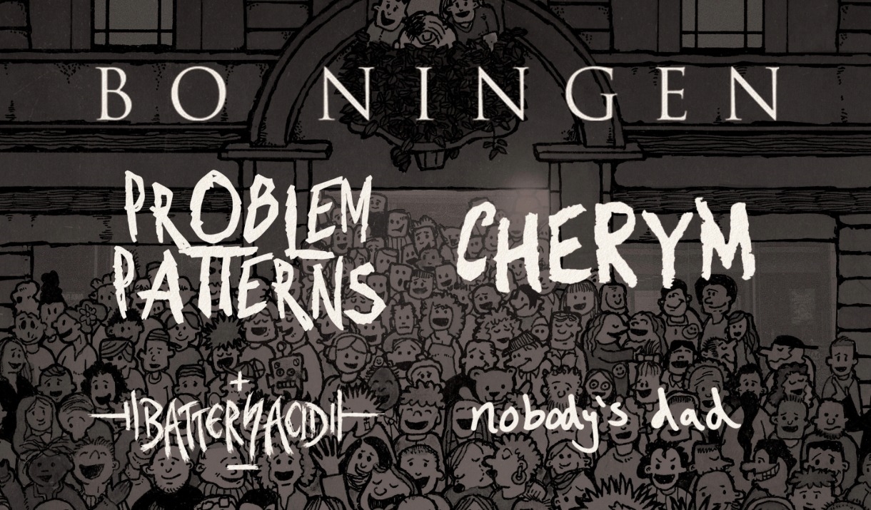 A poster advertising a Free Community Music Festival at Komedia Bath, with logos for Bo Ningen, Problem Patterns, Cherym, Battery Acid and Nobody's Da