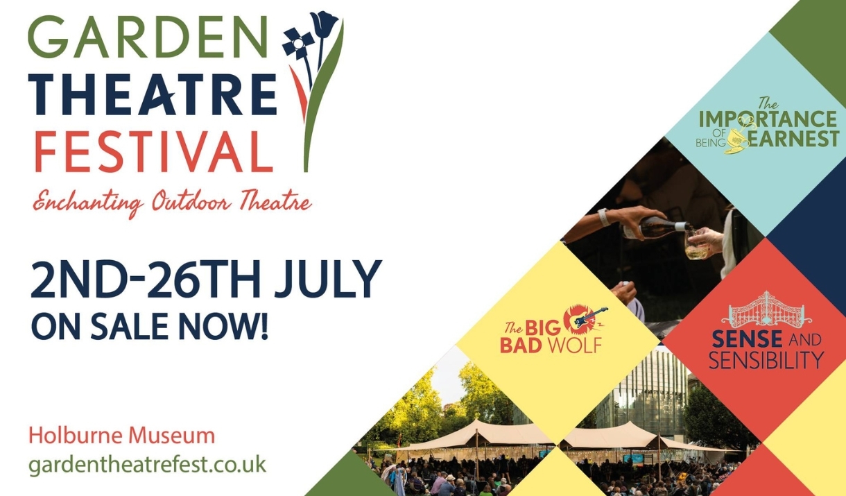 A poster advertising the Garden Theatre Festival 2026 at The Holburne Museum in Bath.
