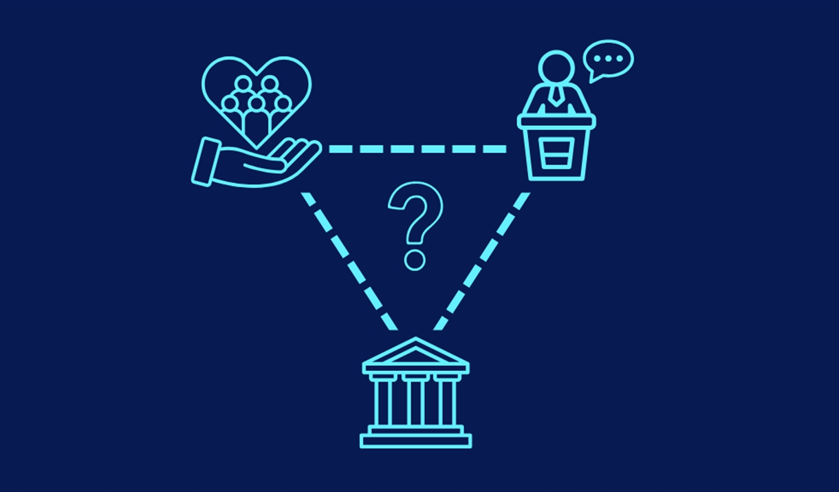 Connected icons representing welfare, a government building and a politician, with a question mark between them.