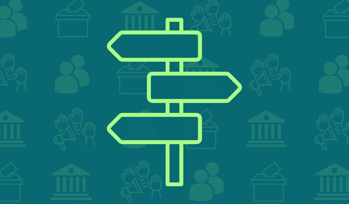 An icon of a signpost, in front of other smaller icons representing politics, government and people