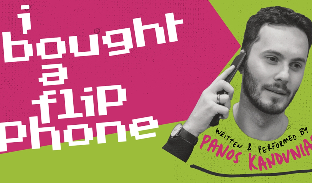 A man holds a flip phone, with the title of the show overlayed.