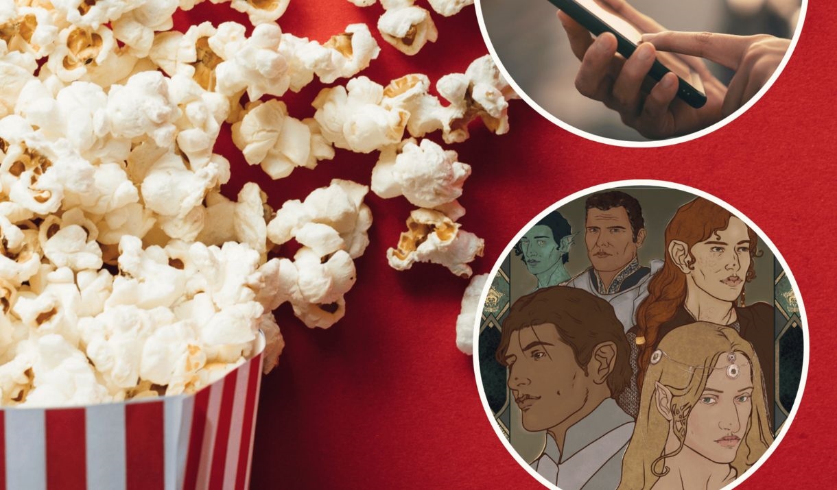 on a red background a popcorn bucket spills; next to it are three bubbles representing the different films. Sparkfest logo in top corner