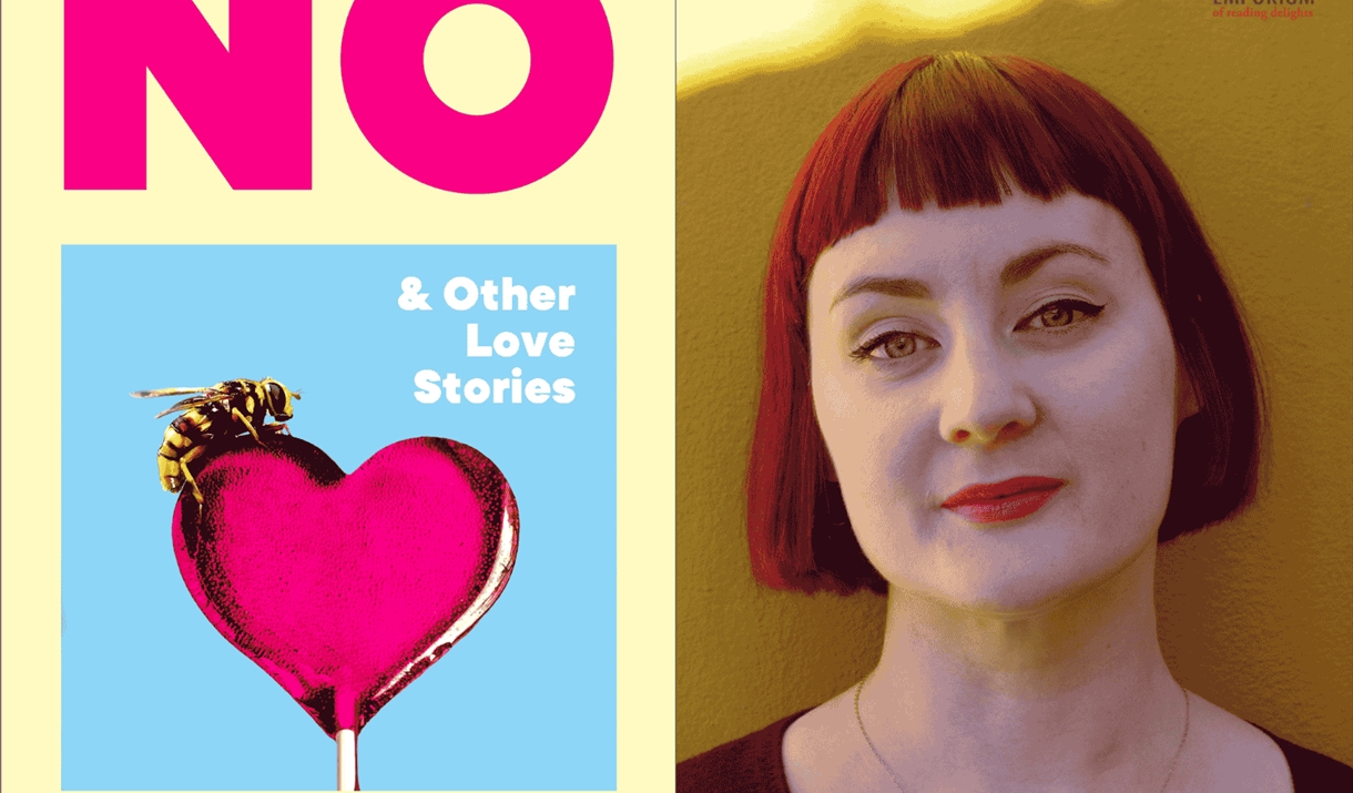 The yellow cover with big letters of the book No & Other Love Stories book and a picture of Kirsty Logan with short red head and a yellow artistic bac