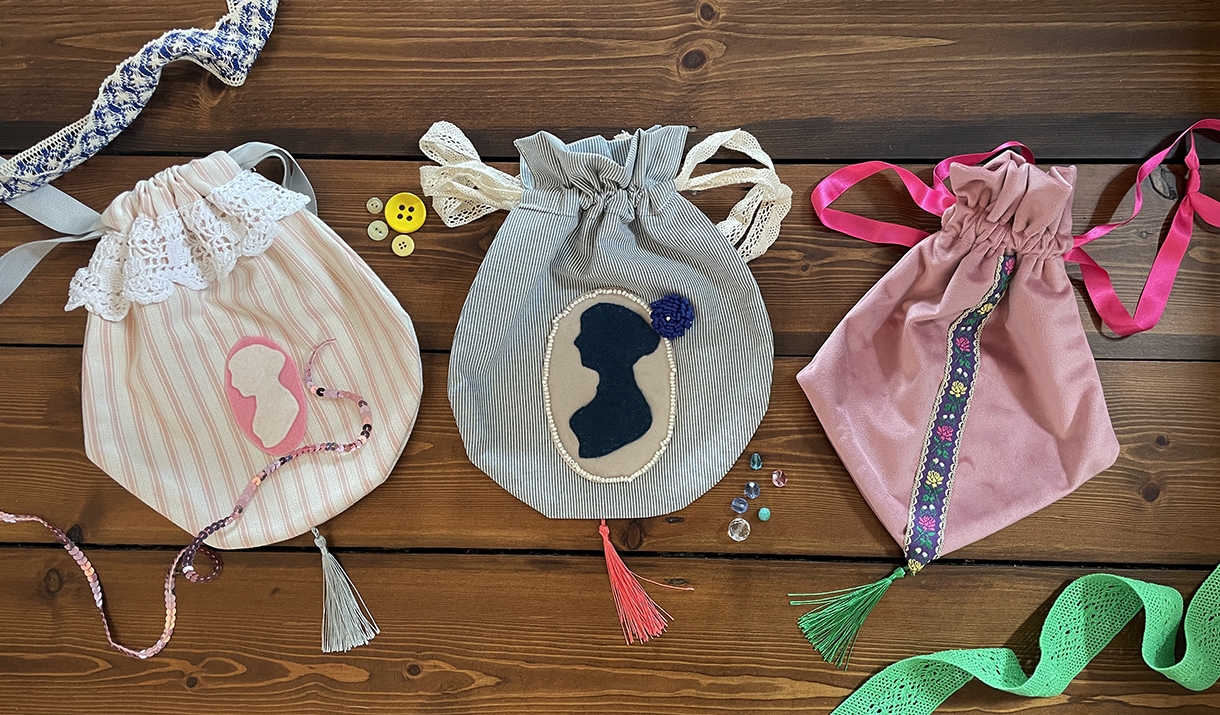3 decorated reticules plus haberdashery items