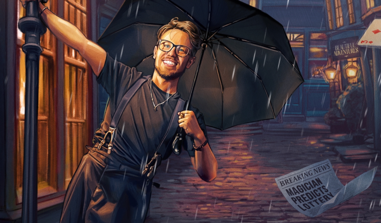 illustration of magician James Phelan, he is holding an umbrella and dancing in the rain.