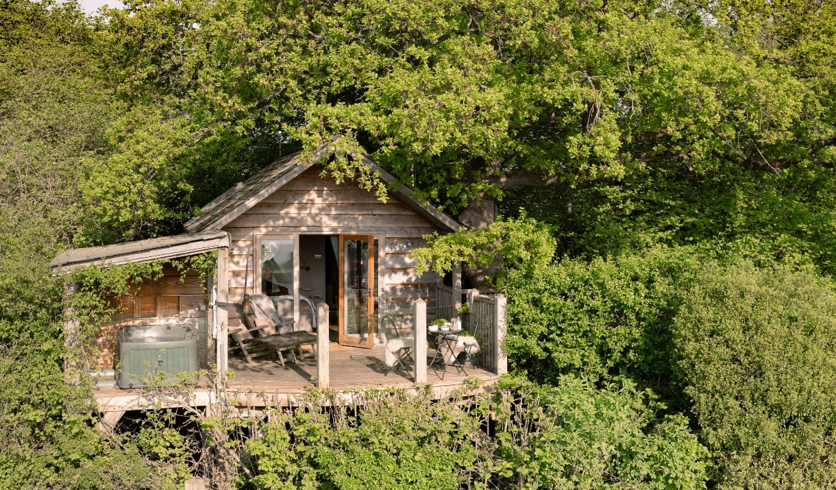View of the exterior of the treehouse and the porch, surrounded by trees and nature