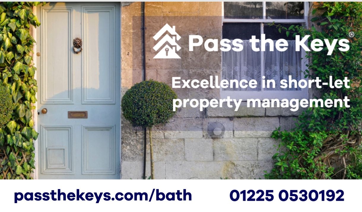 Front view of a property with a white door and plants growing up the walls. Overlay displays the "Pass The Keys" logo, slogan and contact details