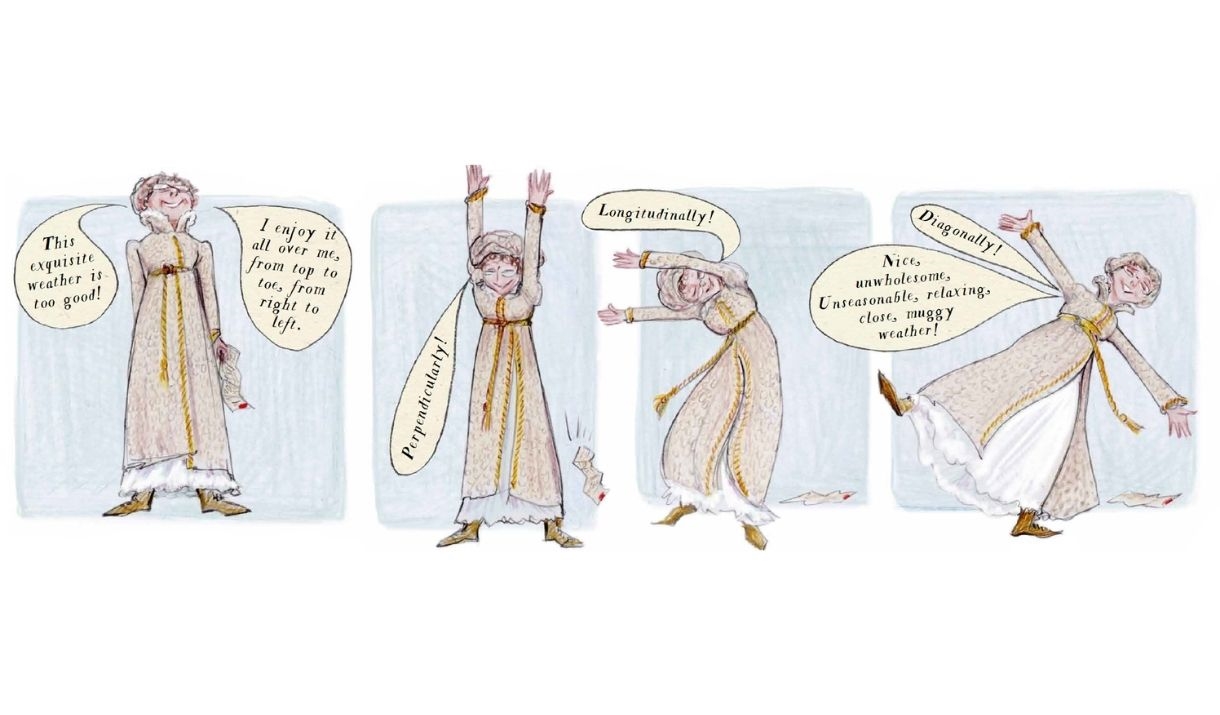 4 images of a stretching, mischievous Jane Austen figure