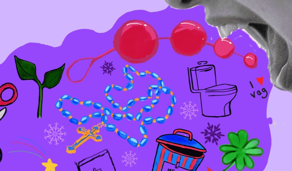 a person with a mouth spilling a cartoon array of catholic imagery, a toilet, shamrock, and sex toys. Sparkfest logo in top corner