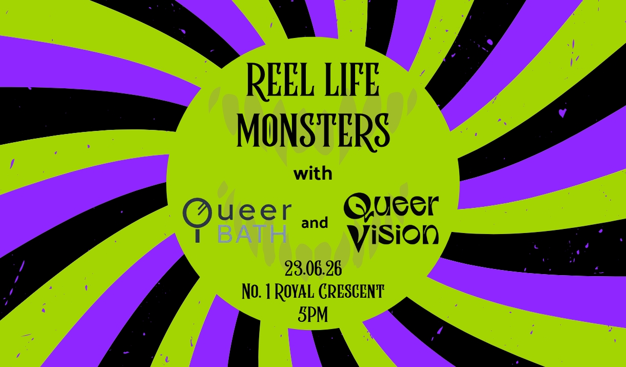 Green, black, and purple swirled background with a green circle at the middle. The text on the circle is black and reads 'Reel Life Monsters with Quee