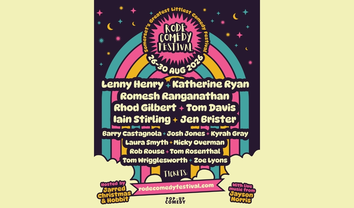 A poster advertising the 2026 lineup for the Rode Comedy Festival near Bath