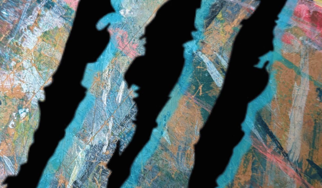 A splatter painting with black claw dragged down highlighted in teal. Sparkfest logo in top corner