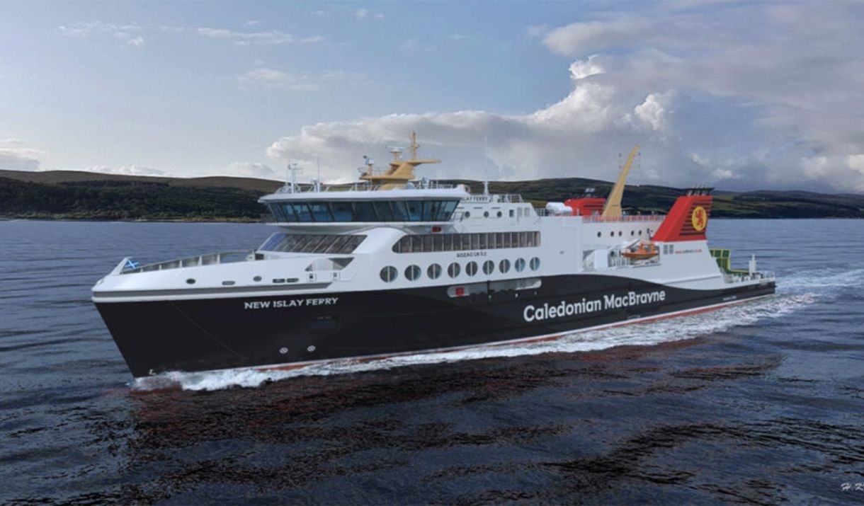The new caladonian macbryne ferry to islay coming into port on a bright blue sea. The ferry is black, white with red livery.