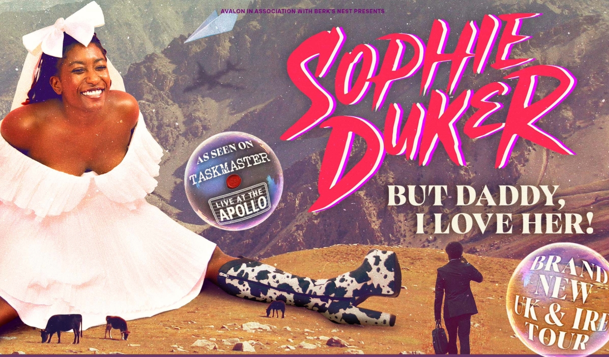 Sophie Duker tour promo image, featuring her in a a white dress