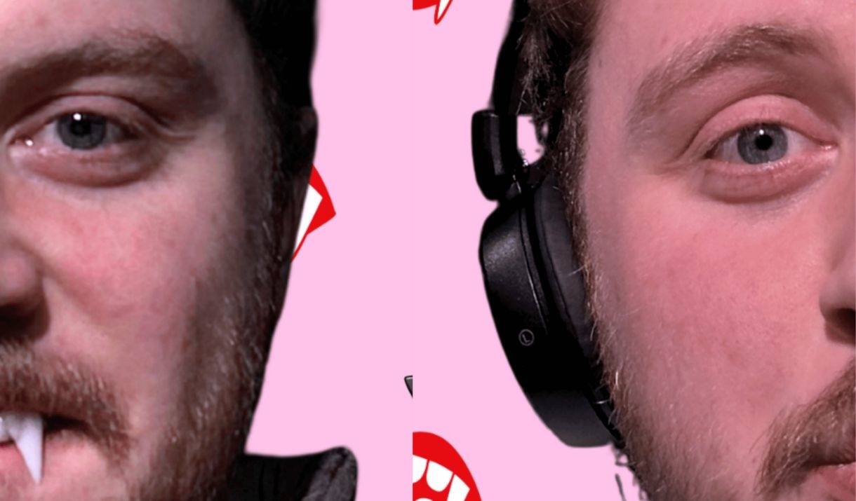 two images of same person, cutting his face in half one either side; against a pastel pink background vampire lips and cat eared headphones float down