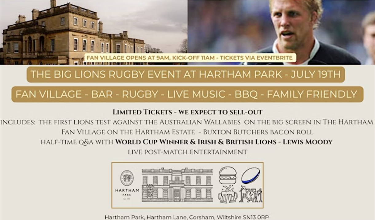 Join us for The Big Lions Rugby Event at Hartham Park Estate!