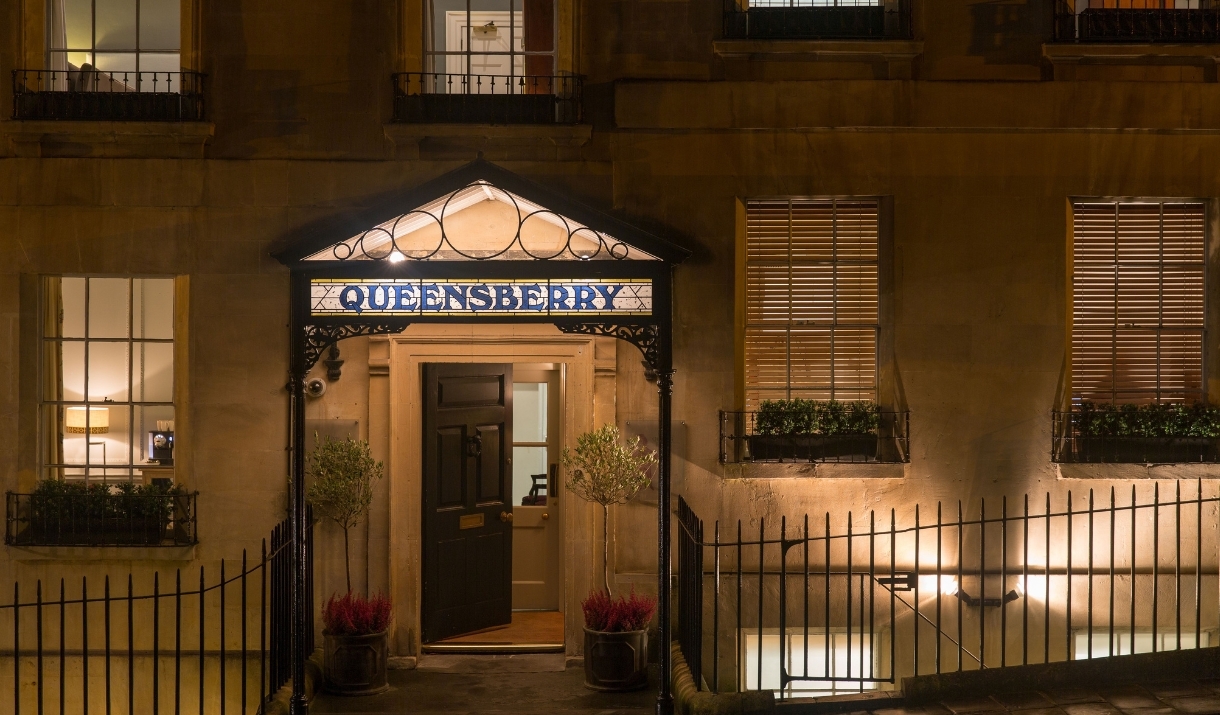 Exterior of The Queensberry Hotel in Bath by night