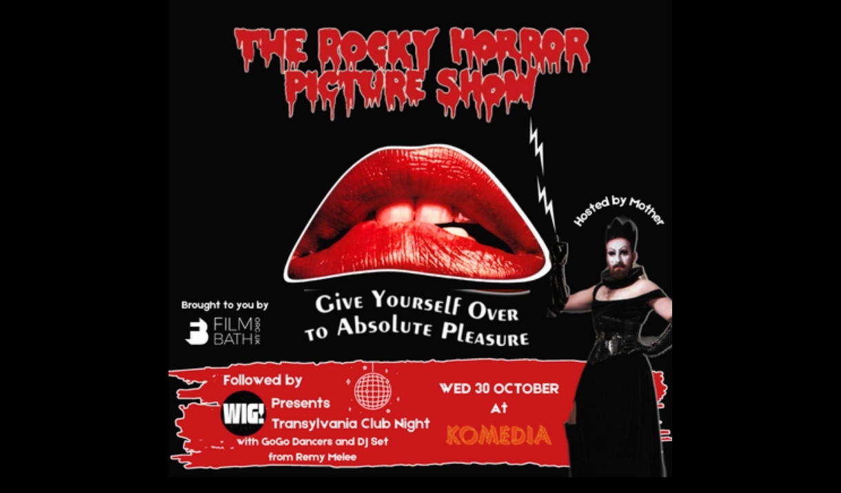 A poster promoting a screening of The Rocky Horror Picture Show at Komedia Bath