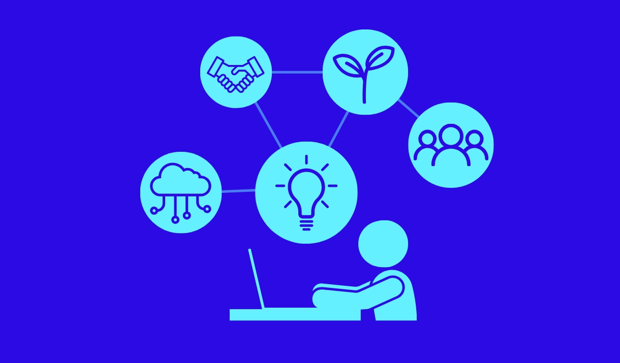 An icon of a person working at a laptop, surrounded by icons representing sustainability, community and technology.
