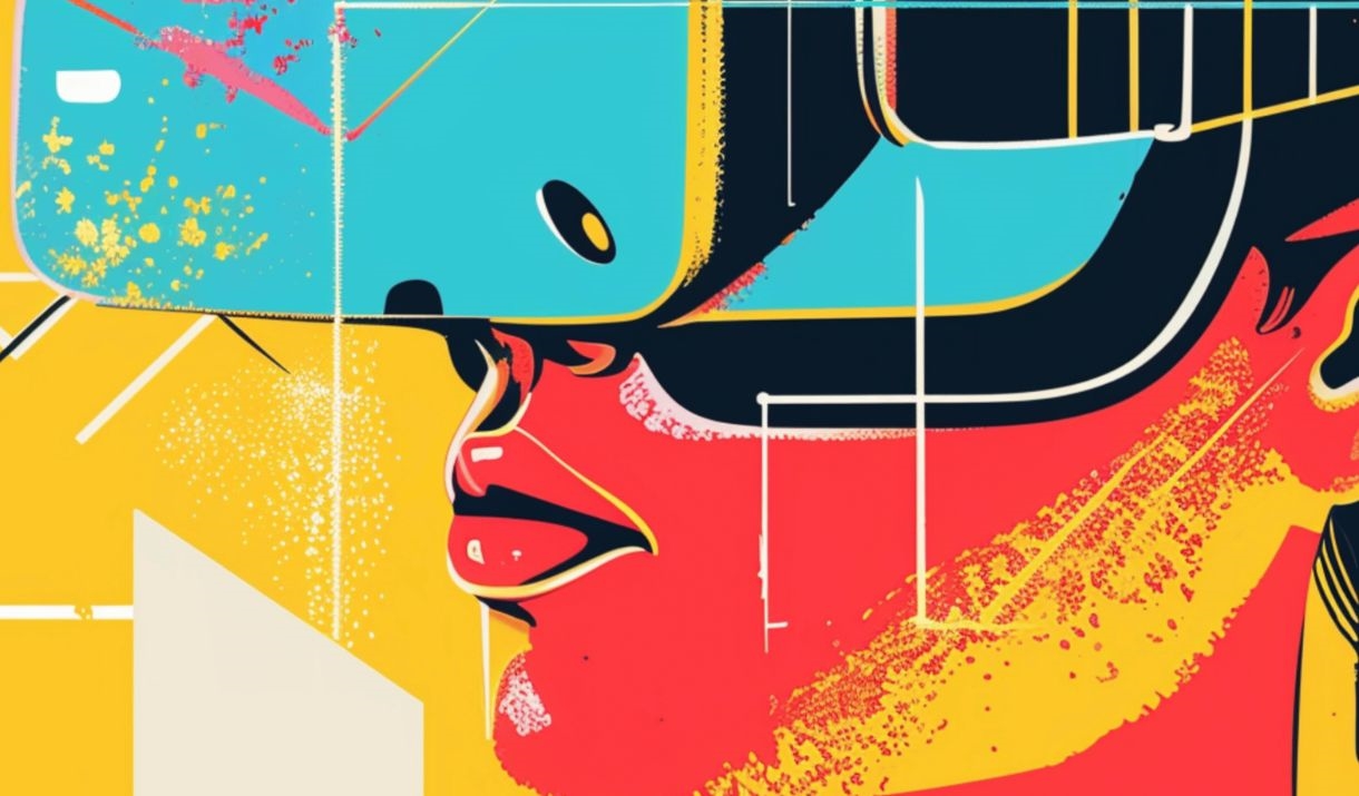 A bright and colourful illustration of someone wearing a VR headset. Sparkfest logo in top corner