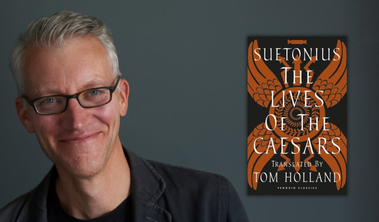 A man smiling against a black background alongside a book cover.