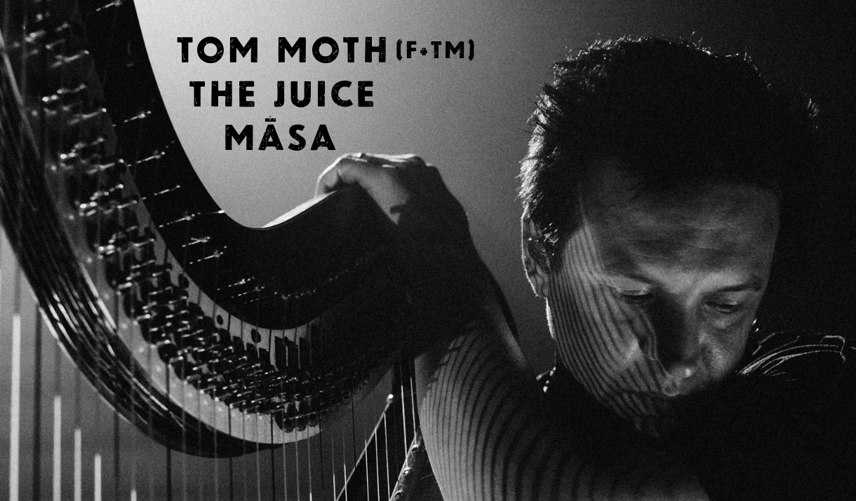 Tom Moth harpist of Florence and The Machine with harp in black and white