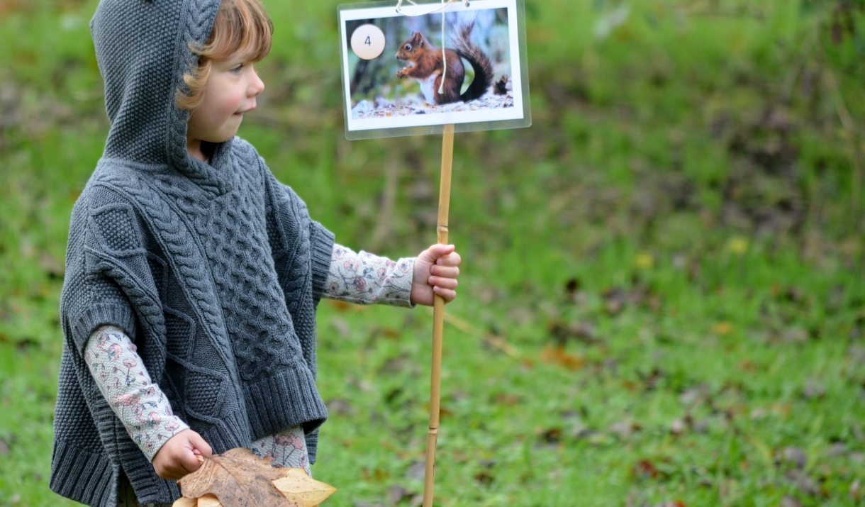 A child with leaves outside in autumn.