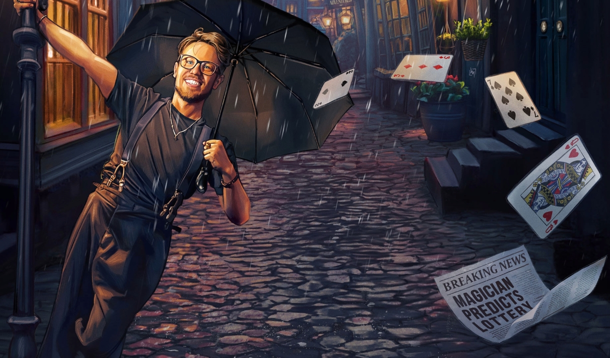 A carton sketch of James Phelan holding an umbrella standing in the rain.