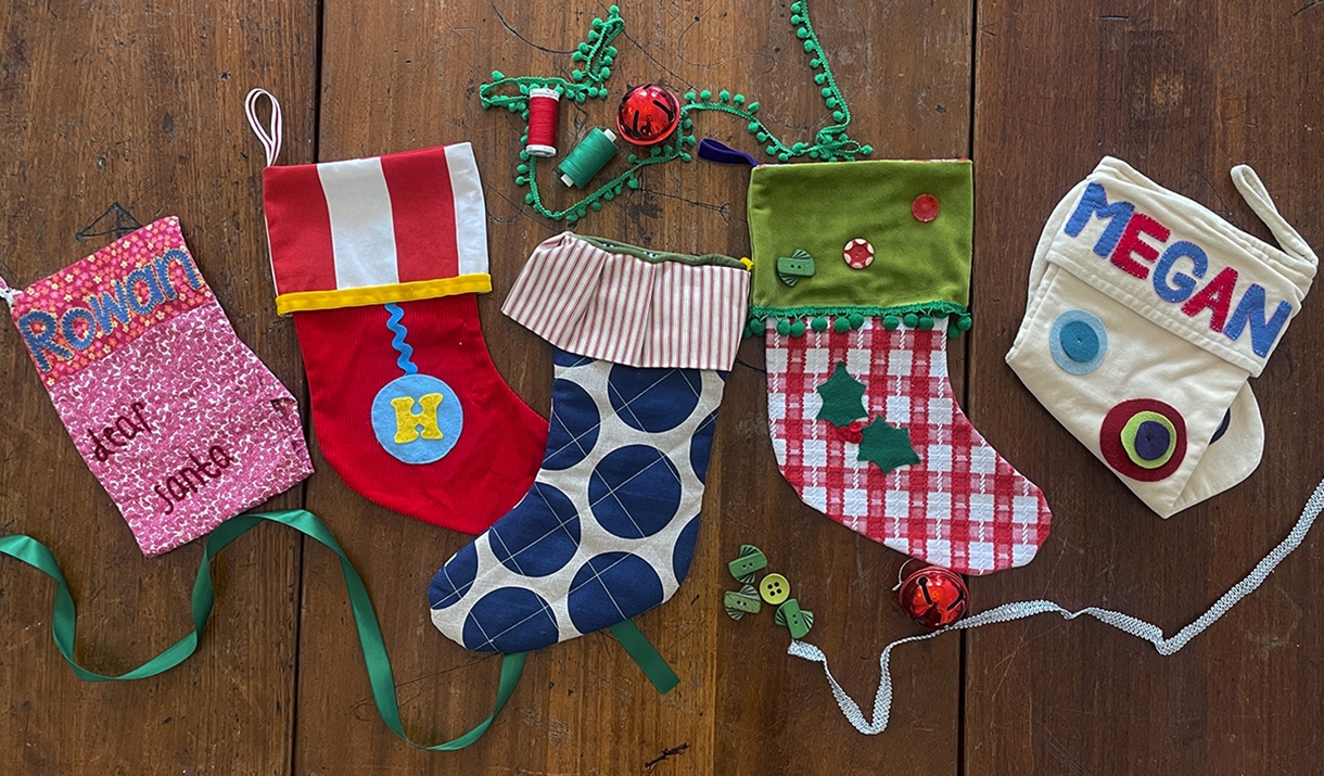 Image of 5 colourful, handmade Christmas stockings