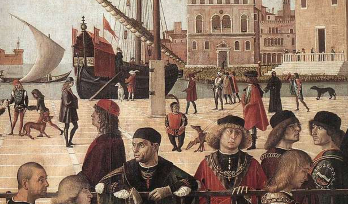 plaza with boat in background