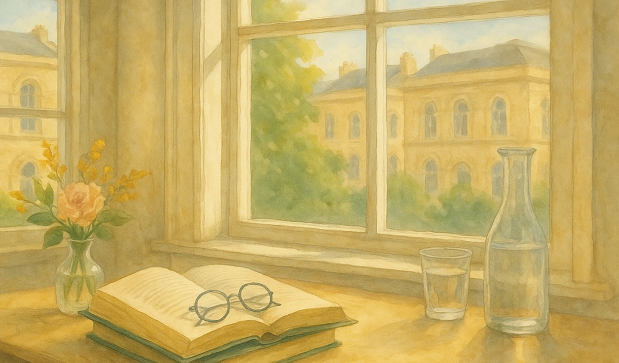 room with book on table and large window