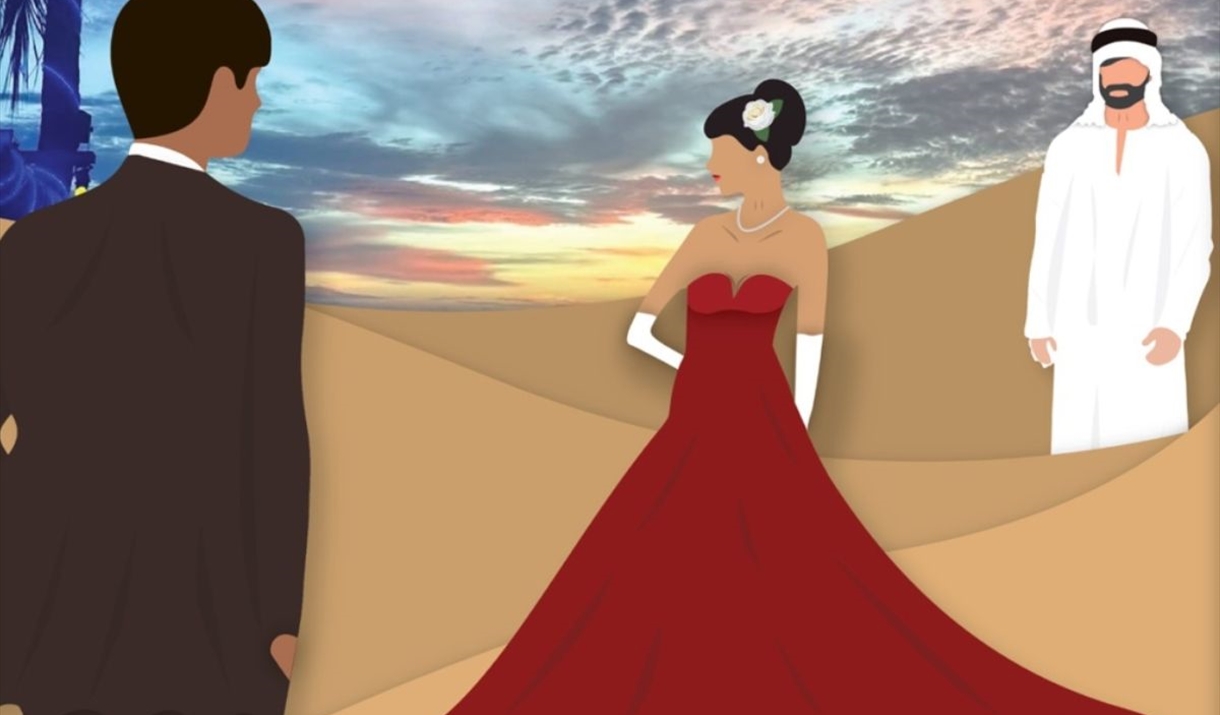 drawing of a woman in a red dress in a desert, with two men either side of her