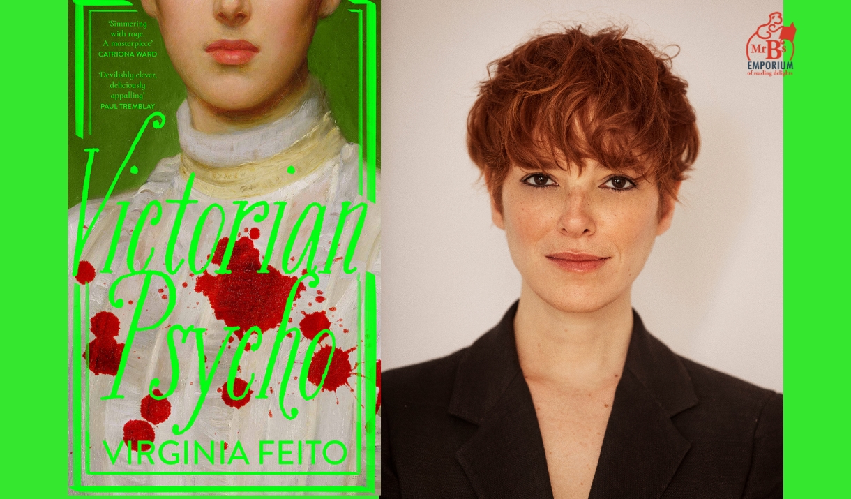 Virginia Feito next to the cover of her book, Victorian Psycho.