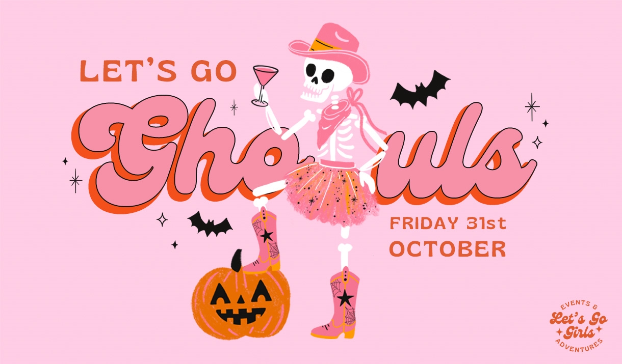 Ladies' Halloween Party banner with pink background and a skeleton in a skirt and cowboy hat