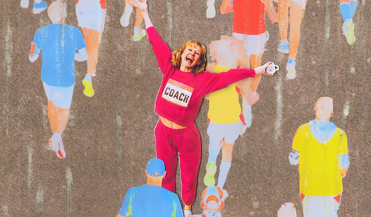 Woman running in the middle of a crowd