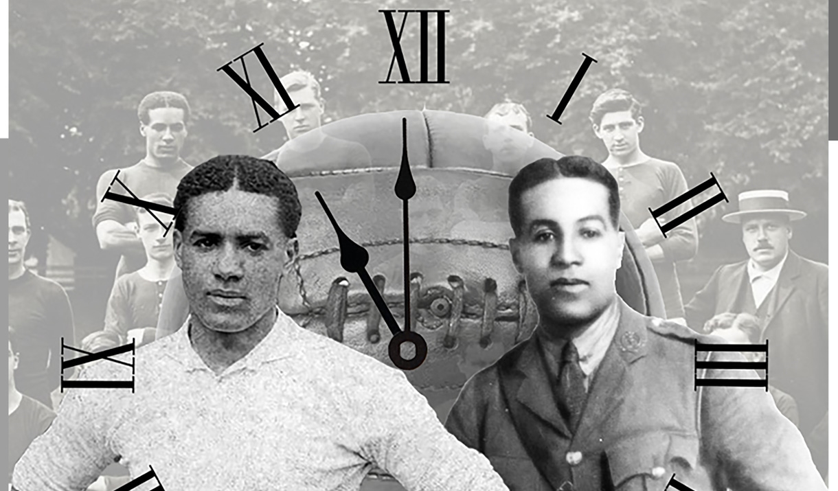 Two men surrounded by roman numerals from a clockface