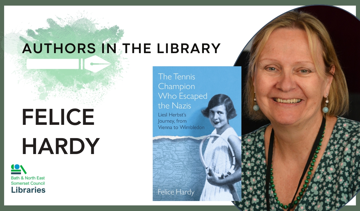 Felice Hardy, Author in the Library. Image of a woman and the cover of her book.