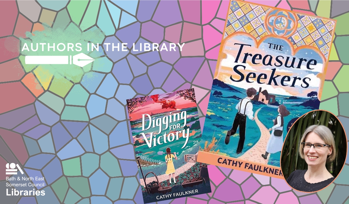 Authors in the Library with Cathy Faulkner. Image of a colourful stain glass background with the covers of Cathy's two books
