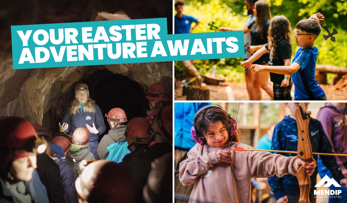 A promotional image for Mendip Activity Centre featuring children and an instructor engaging in outdoor adventure activities, including caving, axe th