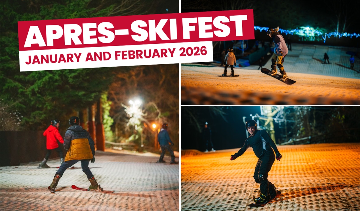 Three images showing snowboarders and skiers. Text reads: Apres-Ski Fest January and February 2026