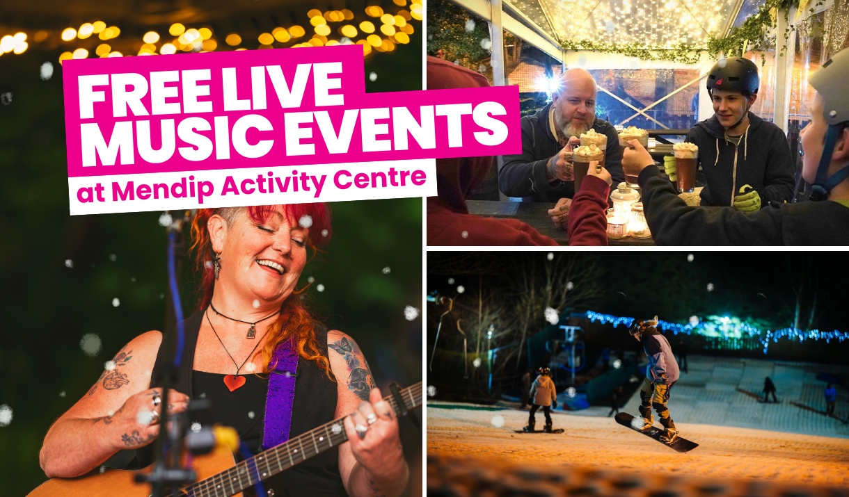 Collage promoting free live music at Mendip Activity Centre, showing a guitarist performing, friends enjoying drinks under fairy lights, and snowboard