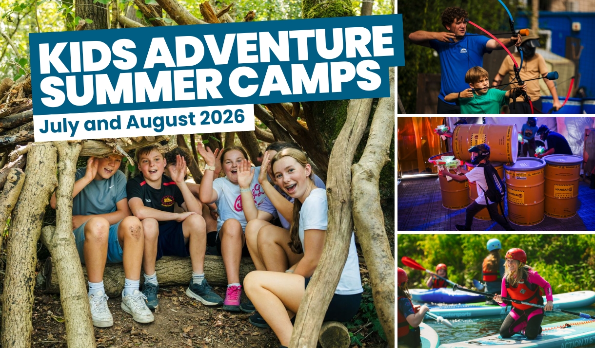 Promotional collage for Kids Adventure Summer Camps showing children learning in the woods, sitting together at camp, kayaking on a river, and partici