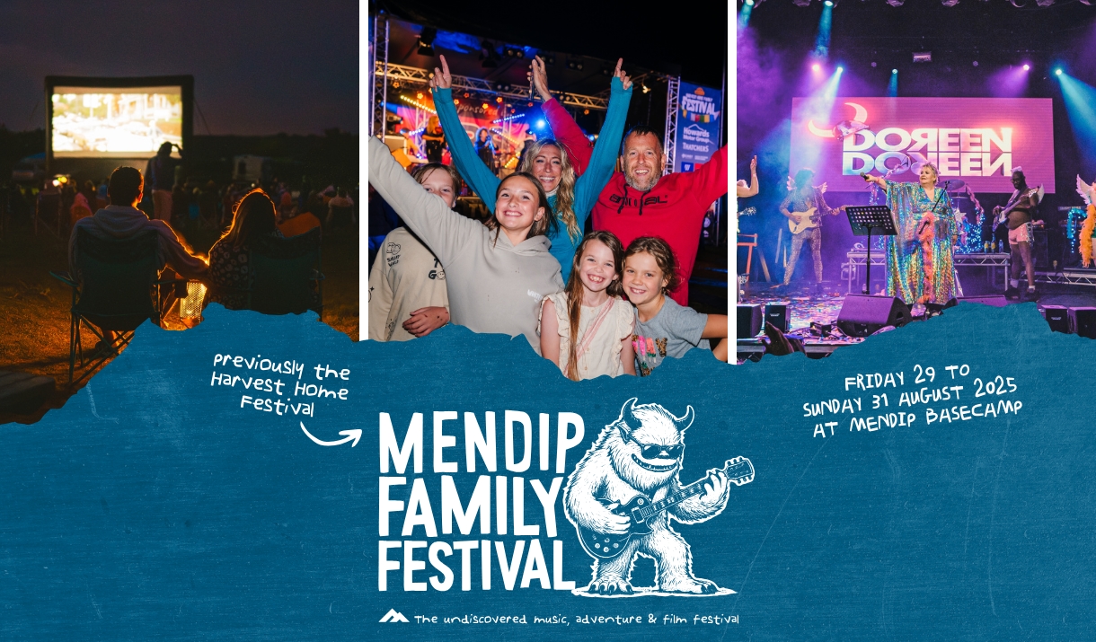 Promotional image for the Mendip Family Festival in August 2025, including a family in an outdoor cinema, a family waving, and a band performing on st