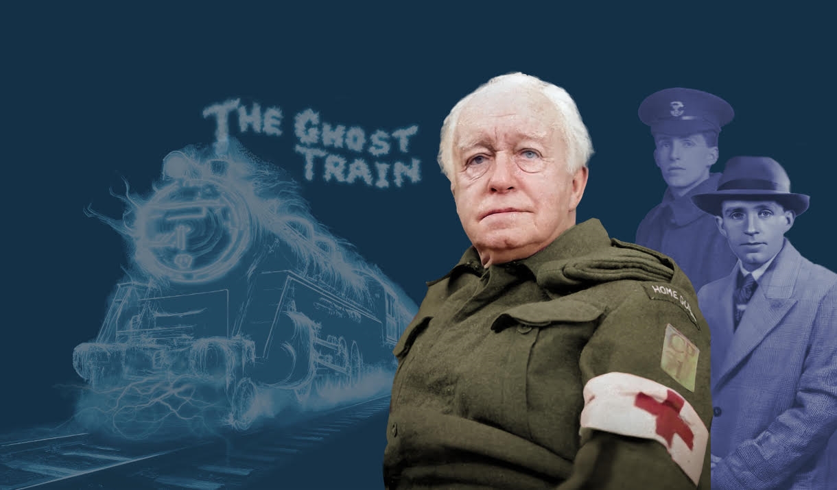 Images of Actor & Playwright Arnold Ridley at different stages of his life. Beside him, an image of The Ghost Train (his famous play)