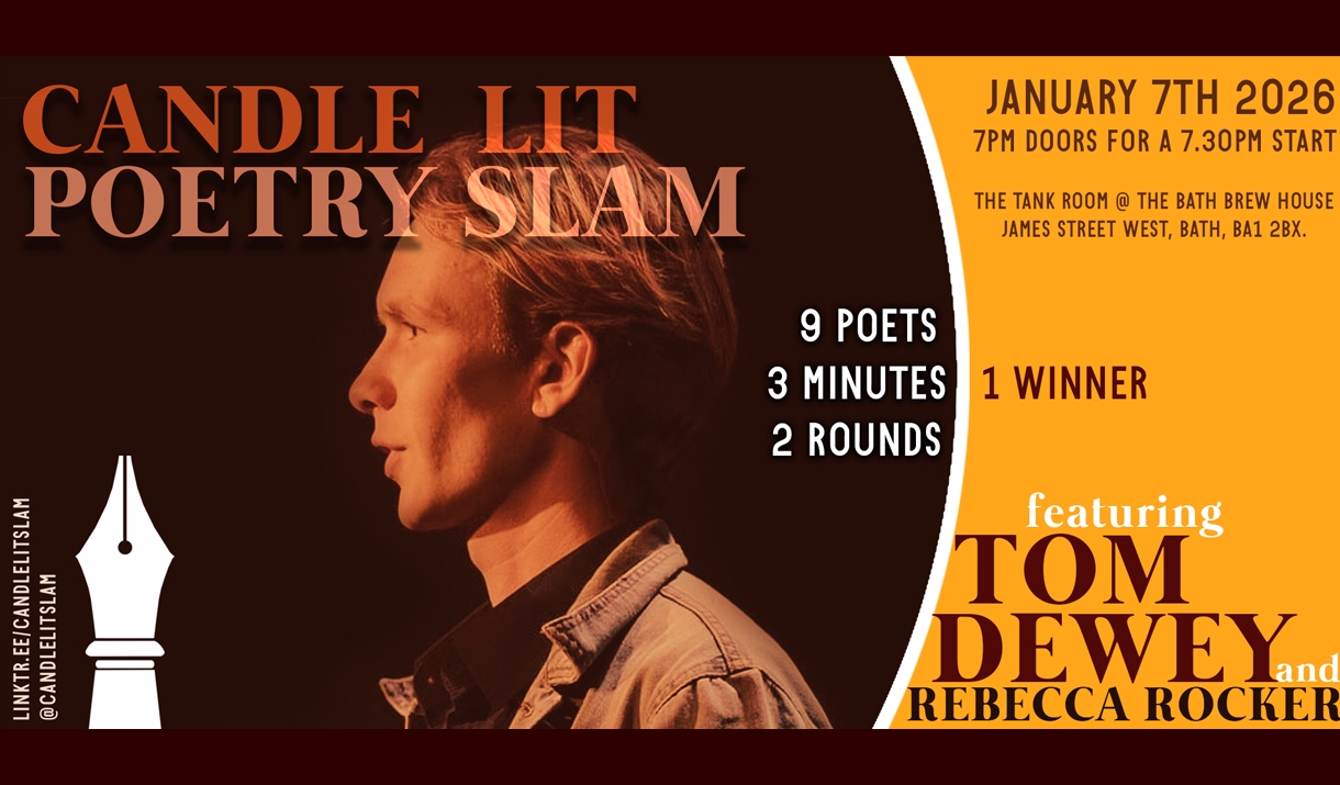 Image alt text: an orange, brown and yellow poster featuring a man with short blonde hair pushed back facing left in front of a microphone with text t