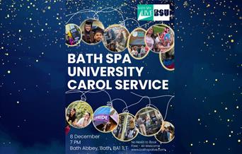 Poster for Bath Spa University Carol Service, showing students enjoying activities at university