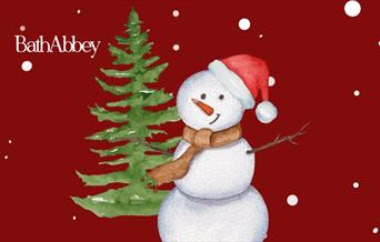 An illustration of a snowman on a red background with snow falling