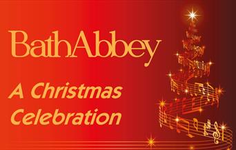 Red background with gold Christmas tree and gold text 'A Christmas Celebration'