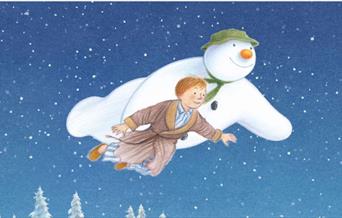 Illustration of a snowman flying with a boy