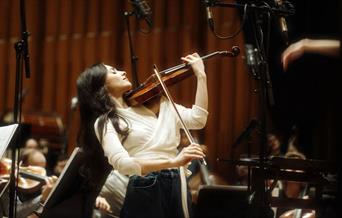 Female musician posing holding a violin